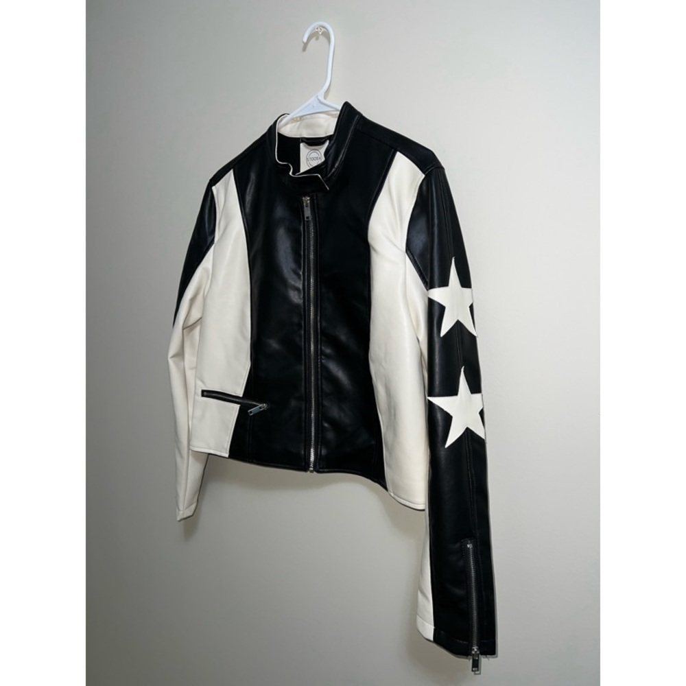 Stoosh Two Tone Star Patch Vegan Leather Moto Racing Jacket (New with Tags)